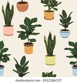 Flat vector houseplants background. Snake plant, fiddle-leaf fig, jadeplant, rubber tree