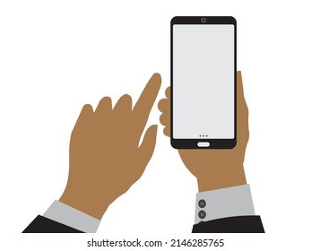 flat vector of a human hand fiddling with a mobile phone or smartphone, call, bussines,illustration, communication, man, succes, calculate, web, friend, to find information on news or social media, 