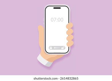Flat vector of human hand holding smartphone with time display, digital clock app UI illustration.
