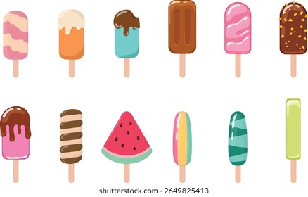 Flat Vector Ice Cream Popsicle Collection Featuring Chocolate Coating, Fruit Flavors, and Colorful Designs for Summer Dessert and Food Illustration