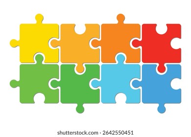Flat vector icon of 8 jigsaw pieces. Jigsaw pieces symbol. Jigsaw on white background. Vector illustration.