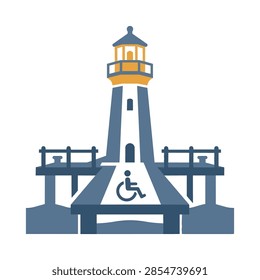 Flat vector icon of an accessible lighthouse pier, wheelchair symbol on a wooden dock with a lighthouse structure, inclusive design for seaside travel.