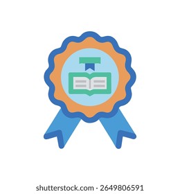 Ícone de vetor plano de um emblema de conquista, com um símbolo de livro. Isolado em preto. Design simples e moderno.