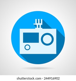 Flat vector icon for action camera. Blue round vector icon with white silhouette action camera for extreme sport on gray background. Flat design with shadow.