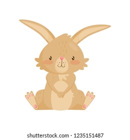 Flat vector icon of adorable brown rabbit. Bunny with pink cheeks and shiny eyes