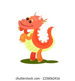Flat vector icon of adorable red dragon. Pink fantastic animal with small horns and long tail