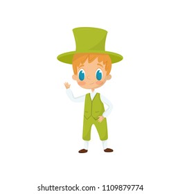 Flat vector icon of adorable red-haired boy in traditional Irish costume. Kid in bright green waistcoat, pants and top hat
