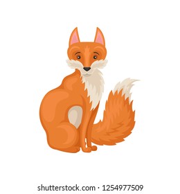 Flat vector icon of adorable sitting red fox, side view. Forest creature. Cartoon wild animal. Flat vector icon