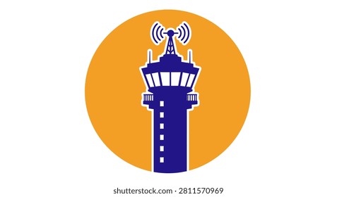 A flat vector icon of an airport air traffic control tower featuring a communication antenna on the roof set against a circular backdrop