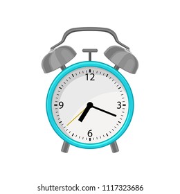 Flat vector icon of alarm clock with bright blue case, white dial, gray metal hammer and bells on top. Showing time for wake up
