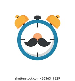 Flat vector icon of an alarm clock with a mustache for Father’s Day design themes.