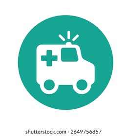 Flat vector icon of an ambulance with a medical cross and flashing light. Symbol of emergency help, first aid, and healthcare transport. Ideal for clinics, hospitals, apps, infographics, health