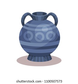 Flat vector icon of antique amphora with traditional ornament. Blue jug with two handles and narrow neck