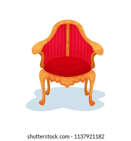Flat vector icon of antique wooden chair with bright red velvet trim. Luxury royal furniture. Museum exhibit