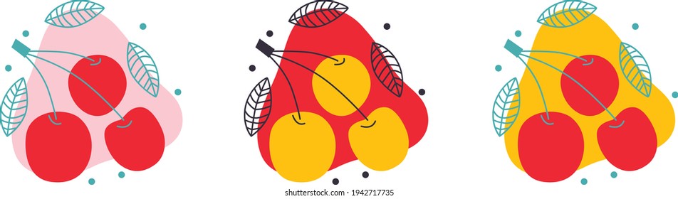 Flat vector icon of appetizing cherries. Abstract Sliced fruits, Abstract flat stickers, emblems and labels for orange fresh juice. Graphic design editable for your design. Isolated. EPS 10. 