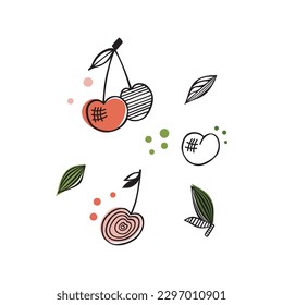 Flat vector icon of appetizing cherries. Abstract Sliced fruits, Abstract flat stickers, emblems and labels for orange fresh juice. Graphic design editable for your design. Isolated. EPS 10.