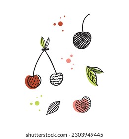 Flat vector icon of appetizing cherries. Abstract Sliced fruits, Abstract flat stickers, emblems and labels for orange fresh juice. Graphic design editable for your design. Isolated. EPS 10.
