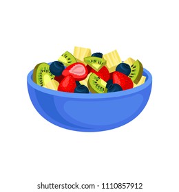 Flat Vector Icon Of Appetizing Fruit Salad. Sliced Kiwi And Pineapple, Juicy Strawberry And Blueberry In Blue Ceramic Bowl