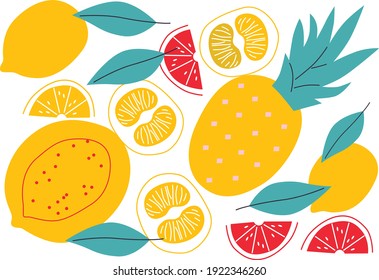 Flat vector icon of appetizing fruit salad. Abstract sliced pineapple, citrus ,lemon, tangerine. Funny colored typography poster, apparel print design, bar menu decoration. Isolated. EPS 10. 