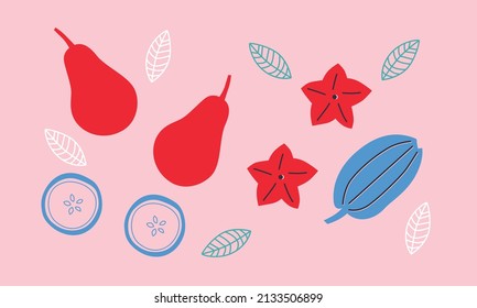 Flat vector icon of appetizing fruit and berries. Abstract strawberry, cherry, pineapple, pear, watermelon. Drawings for poster, card or background. Funny typography poster.