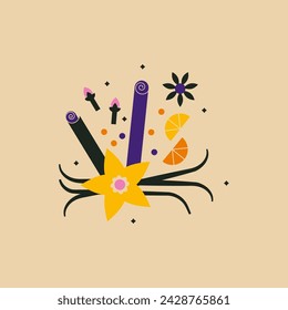 Flat vector icon of appetizing fruit and spices. Vanilla flower, dried vanilla sticks. Abstract funny colored condiment illustration. Aromatic ingredient for cooking and sweet baking. Flat trendy sign