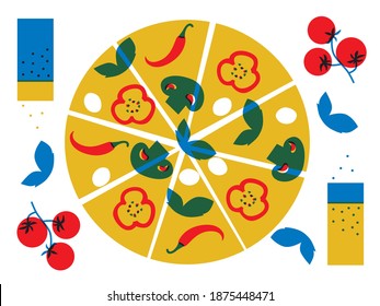 Flat vector icon of appetizing Pizza. Abstract mushroom, tomato, chili. Pizza lover concept. Funny colored typography poster, apparel print design, bar menu decoration. Isolated. EPS 10