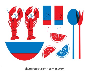 Flat vector icon of appetizing salad. Abstract Seafood, lemon, lobster. Seafood lover concept. Funny colored typography poster, apparel print design, bar menu decoration. Isolated. EPS 10