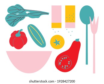 Flat vector icon of appetizing vegetables salad. Abstract sliced pumpkin, pepper, tomato in ceramic bowl. Funny colored typography poster, apparel print design, bar menu decoration. Isolated. EPS 10