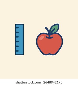 Flat vector icon of apple and ruler, classic school learning tools symbolizing education, study, measurement, and healthy lifestyle for students