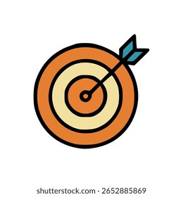 Flat vector icon of archery bullseye target with arrow hitting center in cartoon style