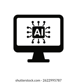 Flat vector icon of artificial intelligence chip on computer screen. Represents AI technology, machine learning, automation and advanced computing.