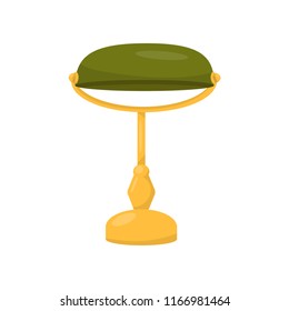 Flat vector icon of banker's lamp. Office decor element. Electric desk lamp with yellow brass stand and green glass lampshade