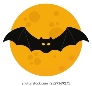 Flat vector icon of bat flying in the moonlit night isolated on white background.