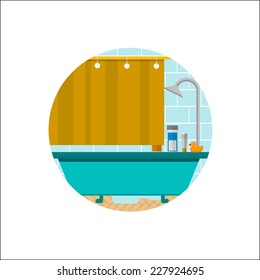 Flat vector icon for bathroom. Blue bath with gray metallic shower, yellow curtain, duck and cosmetics. Blue tile wall. Flat circle colored vector icon for bathroom on white background.