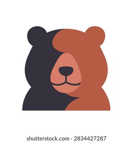 A flat vector icon of a bear face split into two distinct colors of black and brown with simple geometric shapes