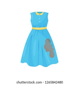 Flat vector icon of beautiful blue dress with brown spot. Woman clothes. Dirty garment for washing. Laundry theme