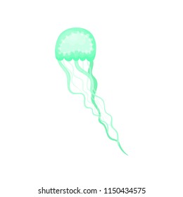 Flat vector icon of beautiful green jellyfish. Marine animal with umbrella-shaped body and long tentacles. Sea and ocean theme