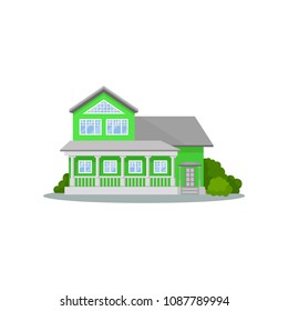 Flat vector icon of beautiful three-storey house with terrace. Cozy family home surrounded by green bushes. Residential cottage