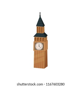 Flat vector icon of Big Ben. British tower with clock. Popular tourist attraction in London. Famous world landmark