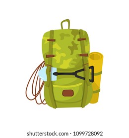 Flat vector icon of big camouflage backpack with small shovel, rope and yellow tourist mat. Traveler equipment. Hiking bag