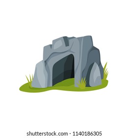 Flat vector icon of big gray cave isolated on white background. Stone age theme. Home of primitive people