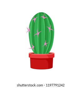 Flat vector icon of big green cactus with small pink flowers in bright red ceramic pot. Decorative houseplant