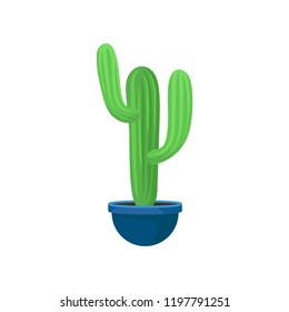 Flat vector icon of big green cactus. Decorative houseplant in blue ceramic pot. Natural element for office or home interior