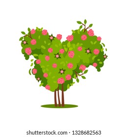 Flat vector icon of big green bush with pink roses. Gorgeous flowering plant. Beautiful garden flowers. Natural element