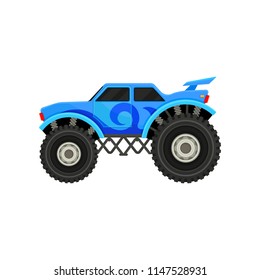 Flat vector icon of big monster truck. Blue car with large tires, spoiler and black tinted windows. Automobile theme