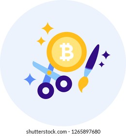 Flat vector icon of bitcoin with scissors and paintbrush illustration, btc craft concept