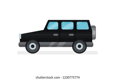 Flat vector icon of black jeep. Urban transport. Modern passenger car. Automobile and transportation theme