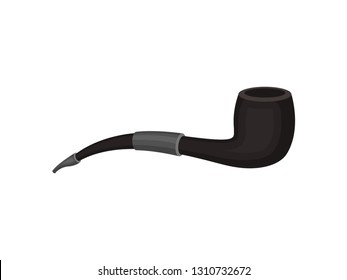 Flat vector icon of black tobacco pipe with metal filter. Vintage tube for smoking. Traditional accessory for smokers