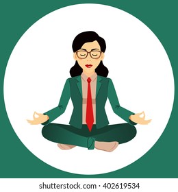 Flat vector icon of black-haired woman doing office yoga. Calm and relax in the middle of a work day. Businesswoman meditating in lotus pose.