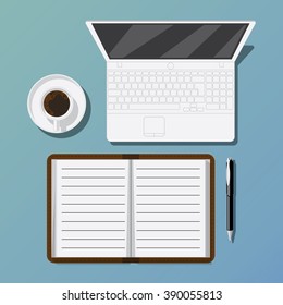 Flat vector icon for blogger work table. White coffee cup, tablet and note sheets with  pen on blue table a top view. Flat  colored vector icon for blog on white background.